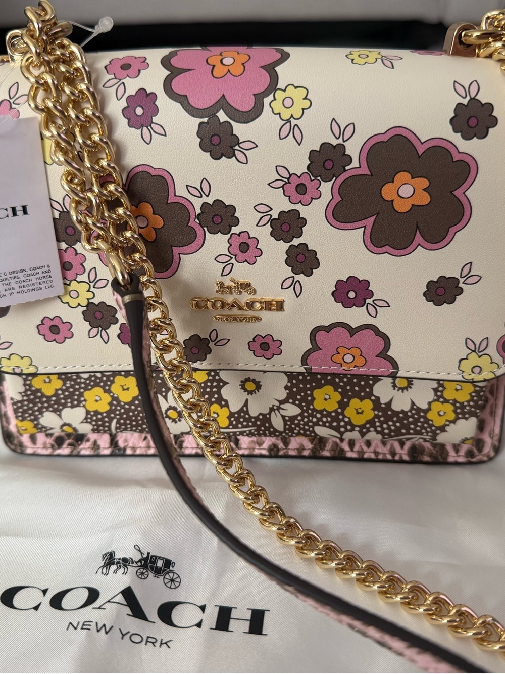 COACH Cream Floral Crossbody with Pink, Brown & Yellow Accents